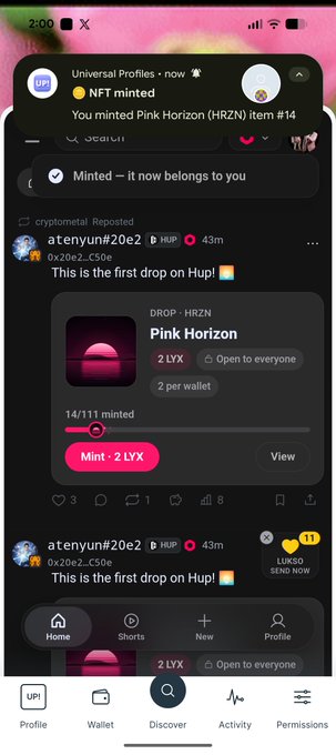 A mobile phone screenshot shows a Universal Profiles notification that 'NFT minted - You minted Pink Horizon (HRZN) item #14', followed by a post from cryptomate1 (@atenyun#20e2) announcing 'This is the first drop on Hup!' featuring the 'Pink Horizon' NFT on the LYX network with a mint price of 2 LYX.