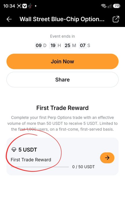 The image displays the Bybit "Wall Street Blue-Chip Options" event page with a countdown showing 09 days, 19 hours, 25 minutes, and 07 seconds remaining, alongside a "First Trade Reward" of 5 USDT for completing a Perp Options trade with an effective volume of more than 50 USDT, limited to the first 1,000 users. This visually confirms the promotional details mentioned in the post, highlighting the reward amount and eligibility criteria for the limited-time offer.