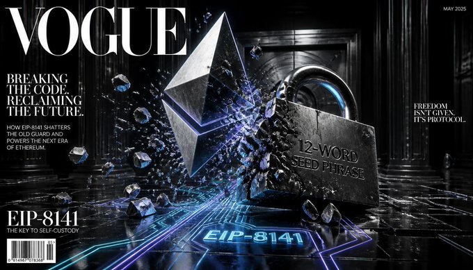 A Vogue magazine cover from May 2025 titled 'EIP-8141: THE KEY TO SELF-CUSTODY' featuring a shattered Ethereum diamond emerging from a 12-word seed phrase padlock, with the headline 'BREAKING THE CODE. RECLAIMING THE FUTURE.'