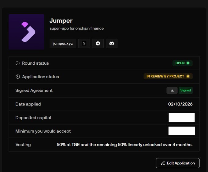 A Jumper (super-app for onchain finance) application dashboard showing round status as 'OPEN' and application status 'IN REVIEW BY PROJECT', applied on 02/10/2026 with vesting of 50% at TGE and 50% over 4 months.