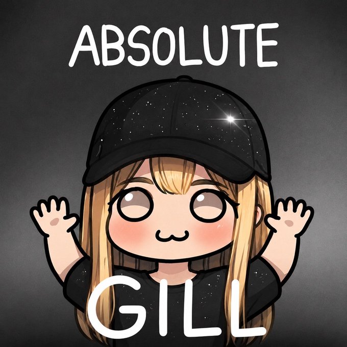 A chibi-style blonde girl wearing a starry black cap has both hands raised, with the words "ABSOLUTE" above and "GILL" below her, capturing the resigned mood of someone who once had strong beliefs about crypto and infofi but now finds them all disproven—true "absolute gill" energy.