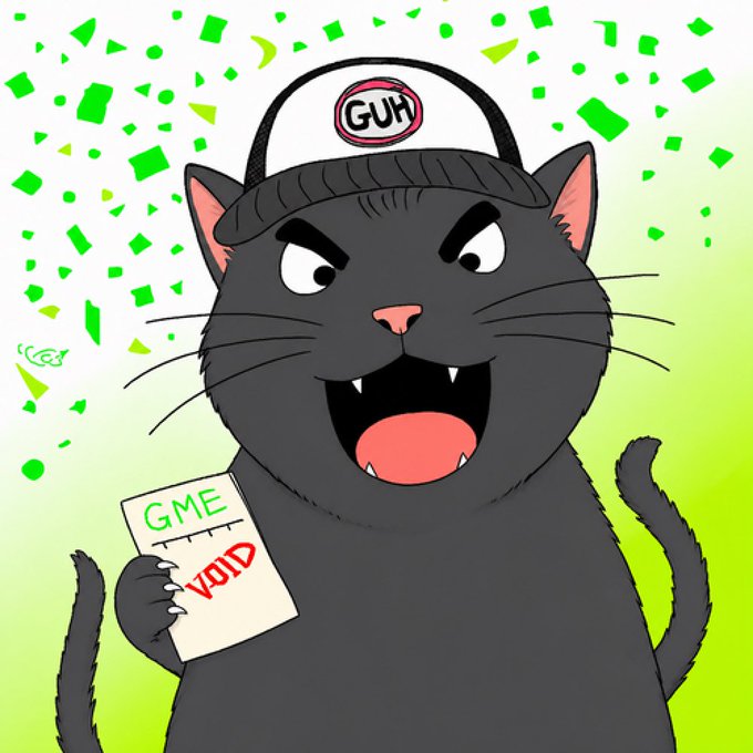 A cartoon illustration of a black cat with an angry expression wearing a white and black cap labeled 'GUH', holding a paper that reads 'GME VOID' against a green confetti background.