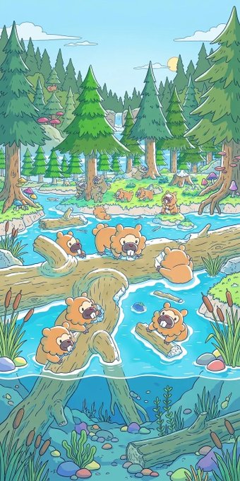 A colorful cartoon illustration of capybara bears relaxing and floating in a stream within a lush forest setting with pine trees, water plants, and other woodland creatures.