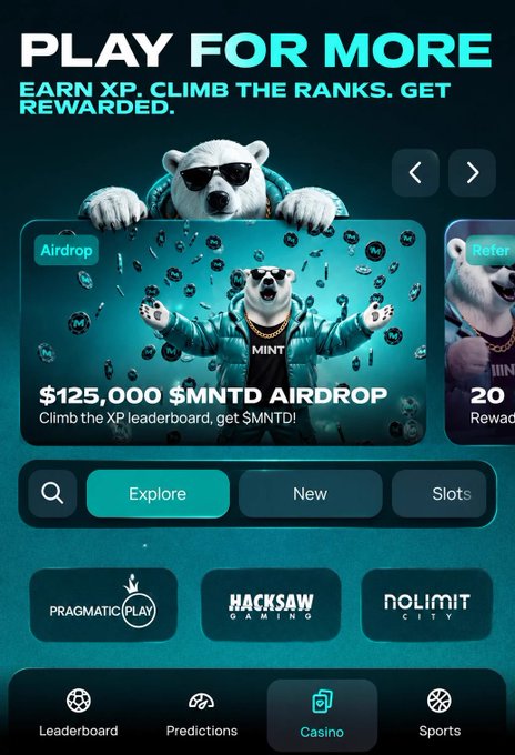 A mobile casino app promotional screen titled 'PLAY FOR MORE' featuring a polar bear mascot in sunglasses, advertising a '$125,000 $MNTD AIRDROP' with navigation tabs for Leaderboard, Predictions, Casino, and Sports.
