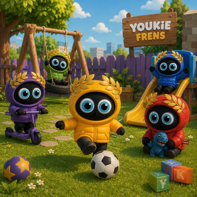 A 3D-rendered cartoon scene titled 'YOUKIE FRENS' features adorable black characters wearing colorful hooded outfits with golden leaf crowns, playing in a playground with a swing, slide, soccer ball, and building blocks.