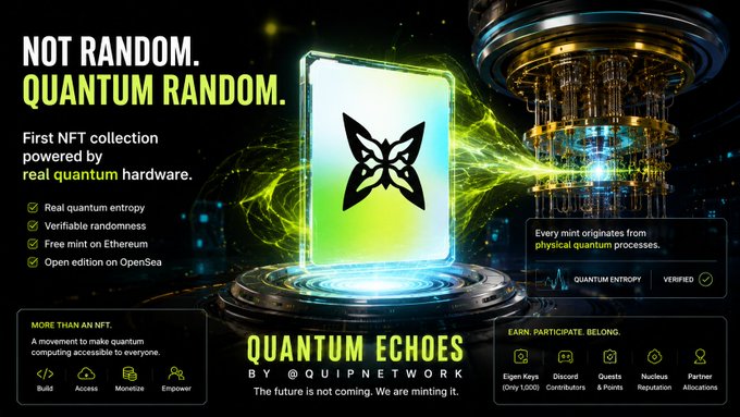 The image features an advertisement for a cryptocurrency called "Quantum Echoes" that uses a butterfly as its main mascot. The website displays a screenshot of a butterfly hovering over a green screen with yellow lights, surrounded by text about the unique nature of QuantumECHoes and its real-time transactions capabilities.