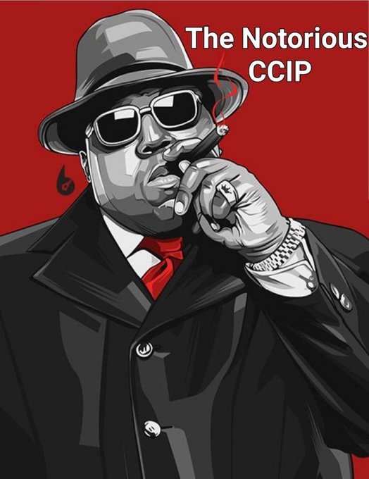 The image is a stylized graphic resembling a hip-hop album cover, featuring a man in a fedora, sunglasses, and a black suit with a red tie, smoking a cigar against a red background. The text reads "The Notorious CCIP" — a play on "The Notorious B.I.G.," tying into the $LINK post by portraying the CCIP (Cross-Chain Interoperability Protocol) as an iconic, legendary figure in the crypto space.