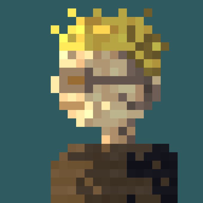 A pixel art portrait of a blonde-haired figure wearing a dark shirt against a teal background, rendered in a blocky retro style.