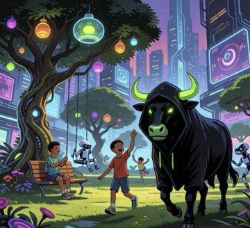 A vibrant cartoon illustration depicting a futuristic park scene with a large black bull with glowing green horns, children playing, robots, and colorful lanterns hanging from trees against a neon city backdrop.