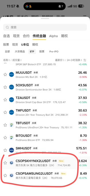 A mobile trading app screenshot showing the '传统金融' (Traditional Finance) tab with leveraged ETFs, highlighting 'CSOPSKHYNIX2LUSDT' (南方东英 SK 海力士每日最多 2X) and 'CSOPSAMSUNG2LUSDT' (南方东英三星每日最多 2X) circled in red at the bottom.