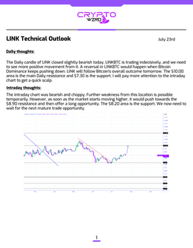 The image displays a "LINK Technical Outlook" report dated July 23rd, featuring a daily candlestick chart of the $LINK/USD trading pair with key technical levels marked, including support at $7.30 and $8.20, and highlighting intraday thoughts about the closing bearish candle, demoted dominance, and potential bullish reversal with a rally toward the $8.90 resistance.