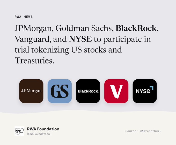 An RWA Foundation news graphic announcing that JPMorgan, Goldman Sachs (GS), BlackRock, Vanguard (V), and NYSE will participate in a trial tokenizing US stocks and Treasuries, sourced from @WatcherGuru.