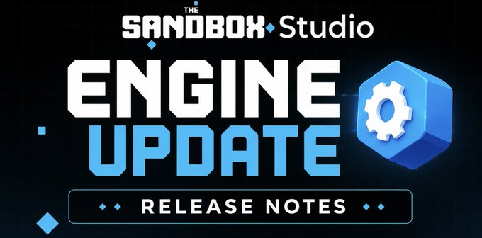 Promotional graphic announcing "The Sandbox Studio Engine Update Release Notes," featuring a blue 3D cube with a white gear icon, highlighting the platform's latest engine enhancements, Studio tools, and AI support.