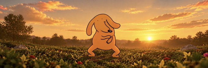 An animated orange dog character dances in a cartoonish pose at sunset over a grassy field, visually embodying the playful, meme-driven branding referenced in the "$DOGGO" post. The simple mascot-style illustration aligns with the post's emphasis on easy branding and the lighthearted, community-driven appeal of the token.