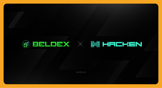 A promotional banner announcing a partnership between Beldex and Hacken, displayed with their logos on a dark background with 'beldex.io' at the bottom.