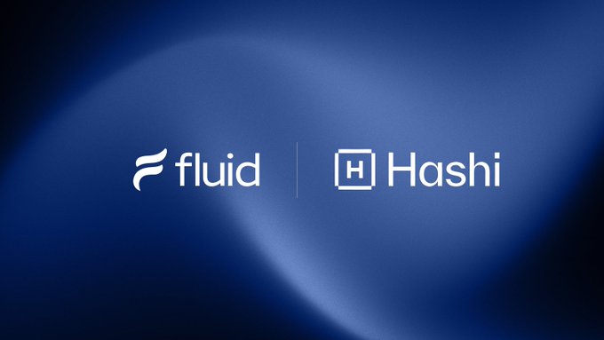 A dark blue gradient background displays two white logos side by side: the 'fluid' logo on the left and the 'Hashi' logo on the right, separated by a thin vertical line.