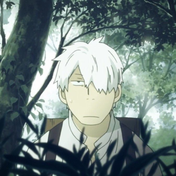 An anime-style illustration of a white-haired character with a tired expression standing in a lush green forest setting.