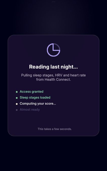 A dark-themed app loading screen reading 'Reading last night... Pulling sleep stages, HRV and heart rate from Health Connect' with progress indicators showing 'Access granted,' 'Sleep stages loaded,' 'Computing your score...,' and 'Almost ready.'
