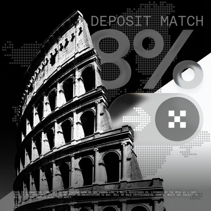 A black and white promotional graphic featuring the Colosseum and advertising an 8% deposit match, with a small disclaimer at the bottom about crypto/digital assets.