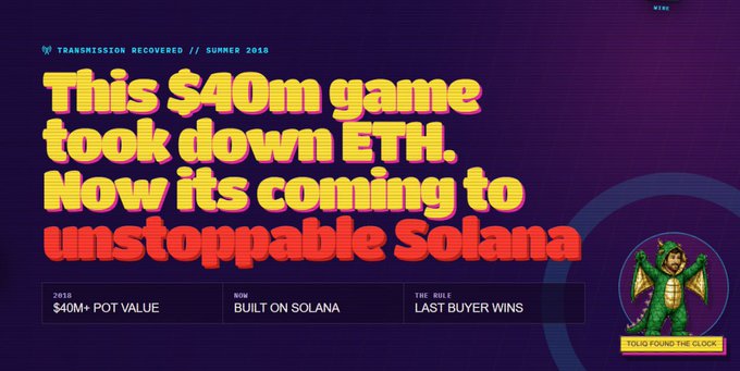 A promotional graphic with retro 3D text reading "This $40m game took down ETH. Now its coming to unstoppable Solana," featuring a green dragon mascot and details about a 2018 game relaunching on the Solana blockchain.