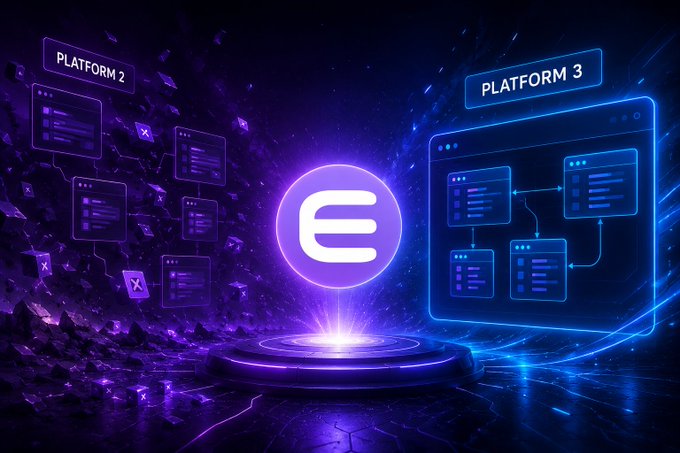 A glowing purple "E" Enjin logo floats above a futuristic platform, flanked by shards of "PLATFORM 2" on the left and a fractured "PLATFORM 3" interface diagram on the right, visualizing the dramatic upgrade showcased in @zelzo20's deep dive on the new #Enjin Platform 3.