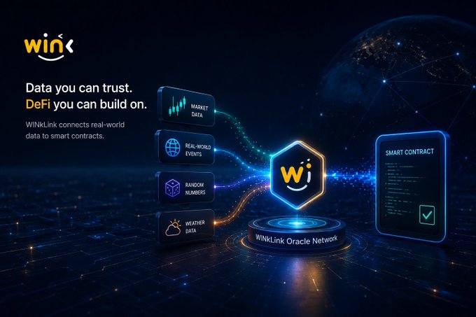 A promotional graphic for WINkLink featuring the tagline 'Data you can trust. DeFi you can build on,' illustrating the WINkLink Oracle Network connecting real-world data sources like market and weather data to smart contracts.