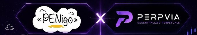 A promotional graphic announcing a partnership or collaboration between "PENG" and "PERPVIA Decentralized Perpetuals," displayed in purple and white neon-style hexagons.