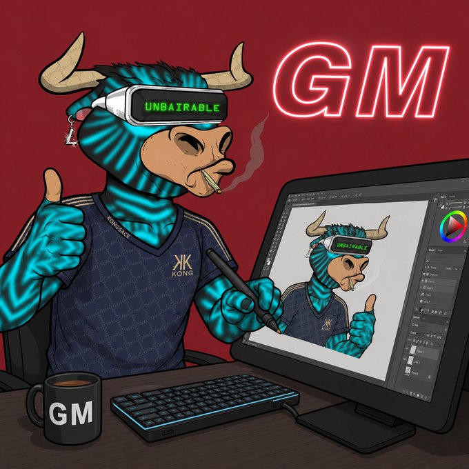 A blue, horned anthropomorphic character wearing a "UNBAITABLE" VR headset and smoking a cigarette gives a thumbs-up while working on a digital illustration of itself on a computer, with a neon "GM" sign glowing in the background and a coffee mug labeled "GM" on the desk—perfectly matching the "Gm fam" crypto greeting.