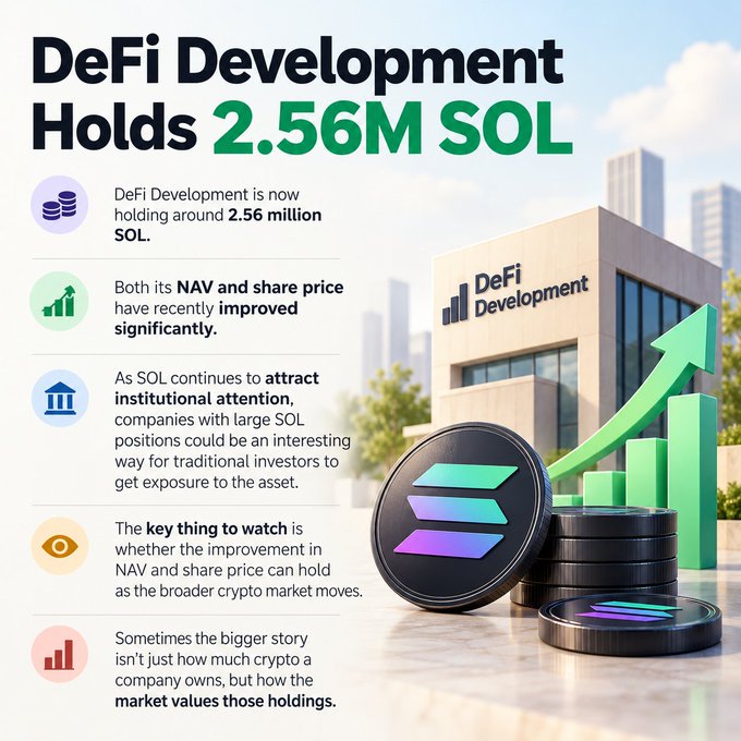 An infographic titled 'DeFi Development Holds 2.56M SOL' explaining that the company holds around 2.56 million SOL, with notes about its improved NAV, share price, and institutional attention to Solana.