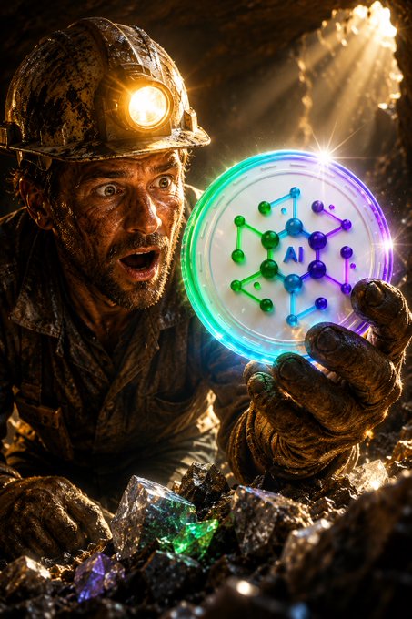 A dirt-streaked miner in a headlamp stares in amazement as he uncovers a glowing futuristic disc marked "AI" and a molecular network amid crystal-filled rock, symbolizing the discovery of a breakthrough hidden treasure. The image visually reinforces the post's message that finding a "hidden gem" like $XRPHAI alongside rising $XRP requires vision before the rest of the market catches on.