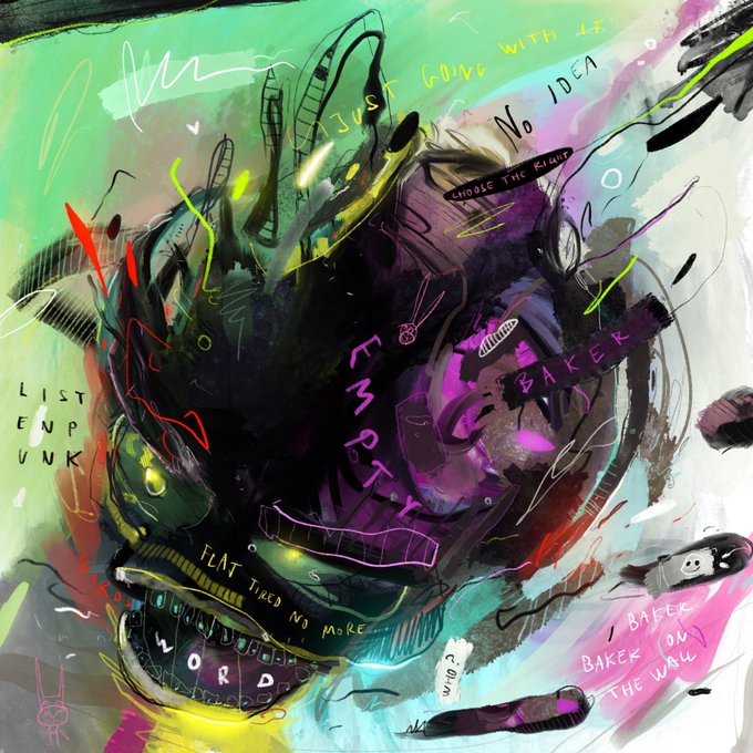 Abstract chaotic digital painting in neon greens, purples, and yellows, featuring scattered graffiti-style text including 'JUST GOING WITH IT', 'NO IDEA', 'CHOOSE THE RIGHT', 'EMPTY', 'BAKEK ON THE WALL', and 'WORLD'.