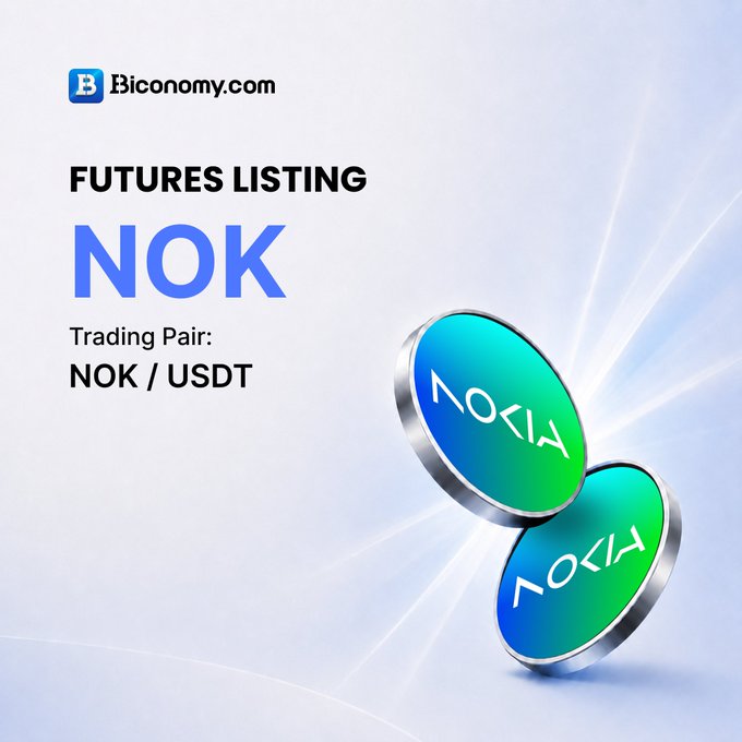A promotional graphic from Biconomy.com announcing a NOK futures listing with the trading pair NOK / USDT, featuring two metallic NOKIA coins.