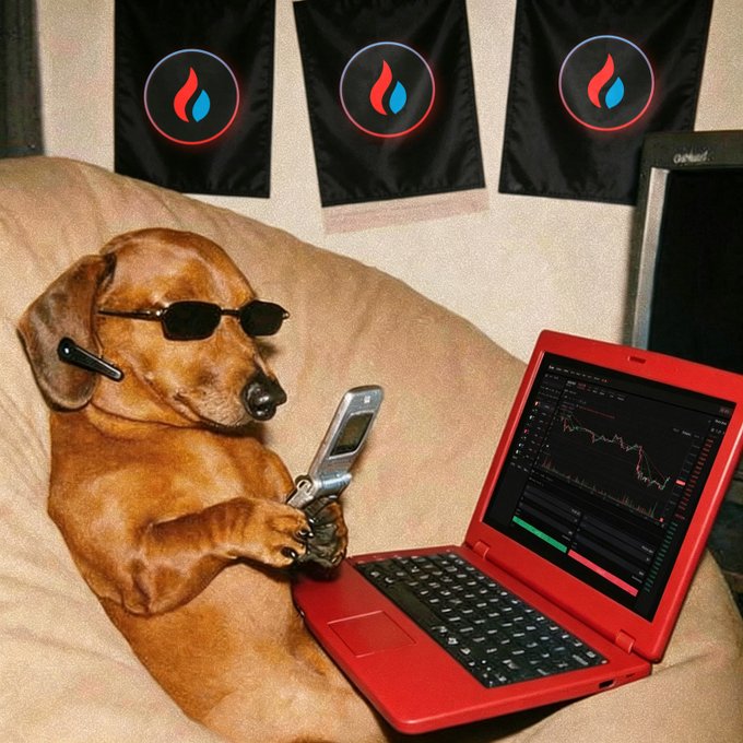 A dachshund wearing sunglasses sits on a beige couch, holding a flip phone while a red laptop displays a stock chart showing a sharp decline. Above the dog, three black banners feature the HTX flame logo in red and blue circles, tying into the post's "HTXDAO" reference as a humorous depiction of a trader monitoring crypto losses.