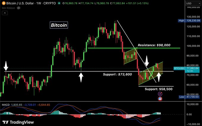 xtrp chart with Bitcoin and Bollinger Bands lines, indicating a bullish trend for Bitcoin and downward movement for Bollinger Bands.