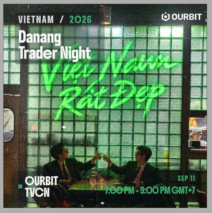 A promotional poster for "Danang Trader Night" in Vietnam on September 11, 2026, hosted by Ourbit and TVCN from 7:00 PM to 9:00 PM GMT+7, featuring two men clinking drinks in a neon-lit green venue with graffiti reading "Việt Nam Rất Đp," visually capturing the casual community meetup vibe described in the post.
