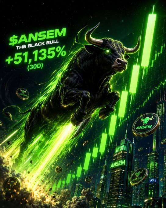 Promotional graphic for $ANSEM, 'The Black Bull,' displaying a massive black bull with green glowing eyes charging past a bullish green candlestick chart with a +51,135% (30D) gain.