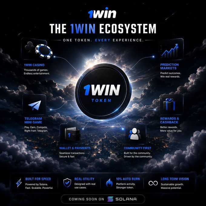 The promotional graphic titled "THE 1WIN ECOSYSTEM" showcases the 1WIN Token's interconnected features, including the 1WIN Casino, Prediction Markets, Rewards & Cashback, Community First, Wallet & Payments, and Telegram Mini Game. With a tagline of "One Token. Every Experience" and "Coming Soon on Solana," it visually reinforces the post's message by expanding 1win's identity beyond just a casino into a broader utility-driven ecosystem.