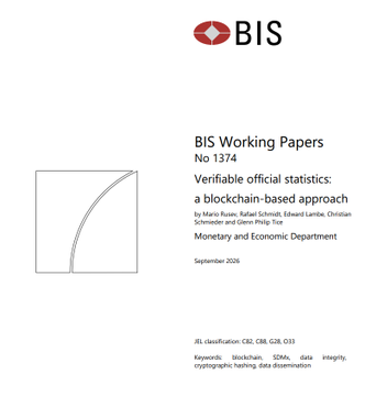 This image shows the cover of BIS Working Paper No. 1374, titled "Verifiable official statistics: a blockchain-based approach," authored by Matteo Coppola, Gabriel Kappe, Edward Lambie, Christian Schmieder and Glenn Philip Tong, published by the Bank for International Settlements' Monetary and Economic Department in September 2026. The accompanying post references Ripple's involvement in testing and being acknowledged in this BIS paper on blockchain, with the document featuring logos of relevant banking institutions and keywords including blockchain, CBDC, C8B, G20, data integrity, cryptographic hashing, and data dissemination.