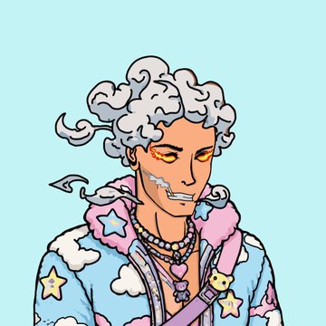 A digital illustration shows a character with curly silver hair, yellow eyeshadow, a lip piercing, and a pink fur collar, wearing a blue jacket covered in clouds and stars.