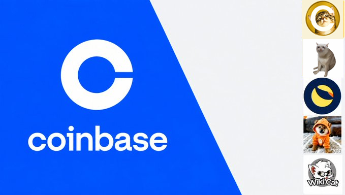 Coinbase logo displayed on a blue and white background with a sidebar showing various cryptocurrency token icons, including Wiki Cat, Dogecoin, and others.