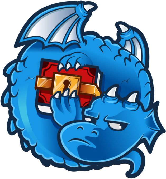 A cartoon-style blue dragon mascot tightly clutching a red treasure chest with gold accents and a keyhole, appearing protective of its hoard.