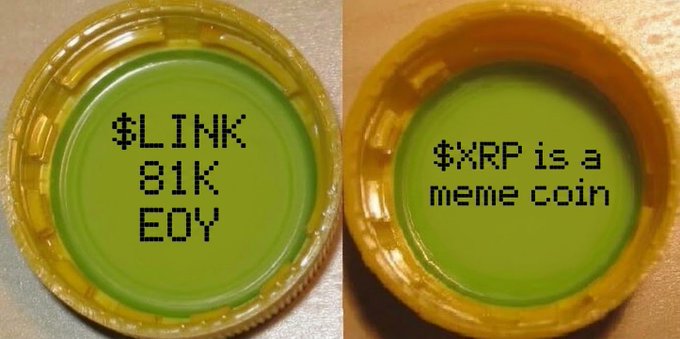 Two plastic bottle caps containing green liquid with pixelated text overlays: the left reads '$LINK 81K EOY' and the right reads '$XRP is a meme coin'.