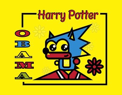 A stylized cartoon illustration of a blue character with spiky hair and glasses on a yellow background, accompanied by 'Harry Potter OBAMA' text.