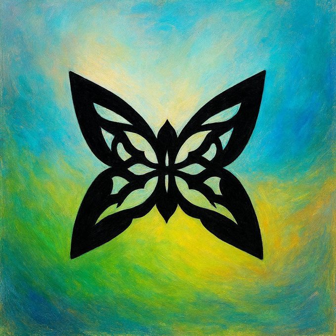 The image features a striking black butterfly painted with meticulous detail. It is set against a blue background that creates a visually appealing contrast with the butterfly's silhouette. The overall impression is one of harmony between the dark butterfly and its vibrant surroundings, making it a focal point in the composition.