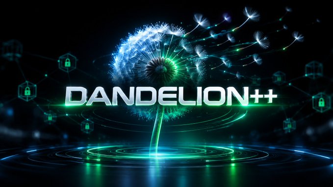 A 3D graphic featuring the text 'DANDELION++' with a glowing dandelion and hexagonal lock icons in a tech-themed design.