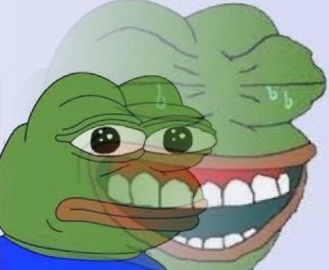 The image shows the Pepe the Frog meme grinning awkwardly, typically used to convey a mix of smugness and awkwardness. It pairs with the caption about quitting a toxic job three years ago and now out-earning the former manager, suggesting a smug "I'm doing better now" vibe.