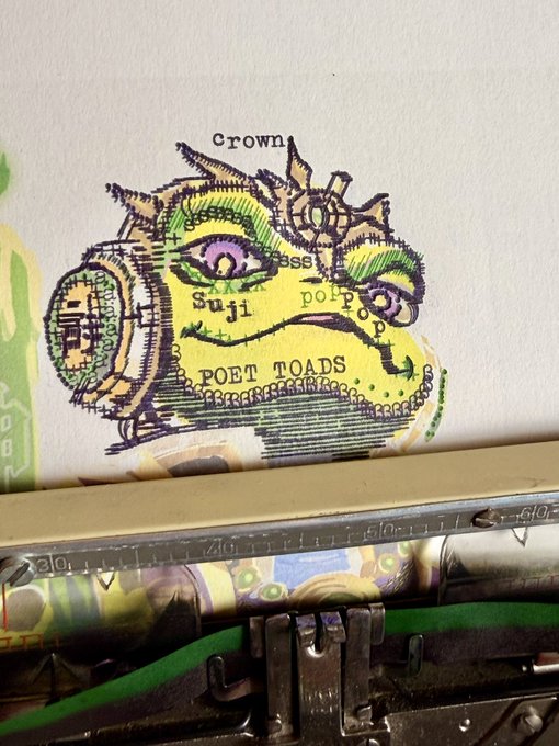 A colorful hand-stamped illustration of a crowned toad wearing headphones features labels including "crown," "nose," "suji," "pop pop pop," and "POET TOADS." The image humorously relates to the post's mention of a "headache" by depicting the toad "listening" through headphones, suggesting the headache comes from listening to too much music.