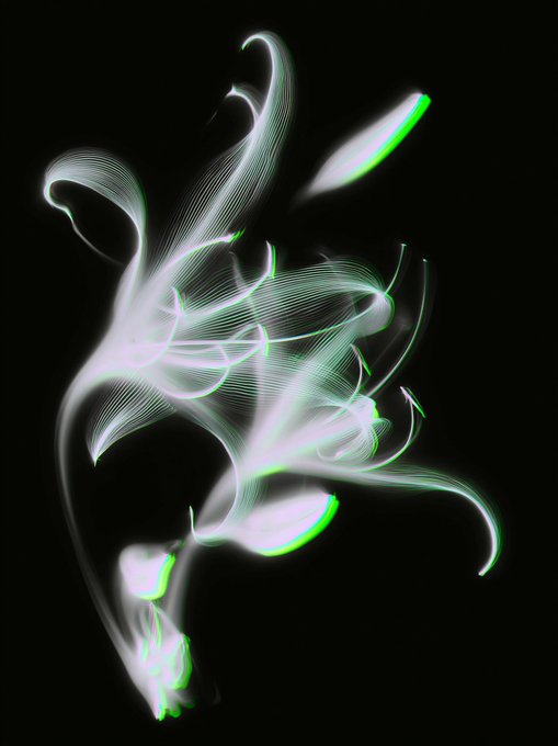 Abstract swirls of white and bright green light create flowing, ethereal shapes against a solid black background.