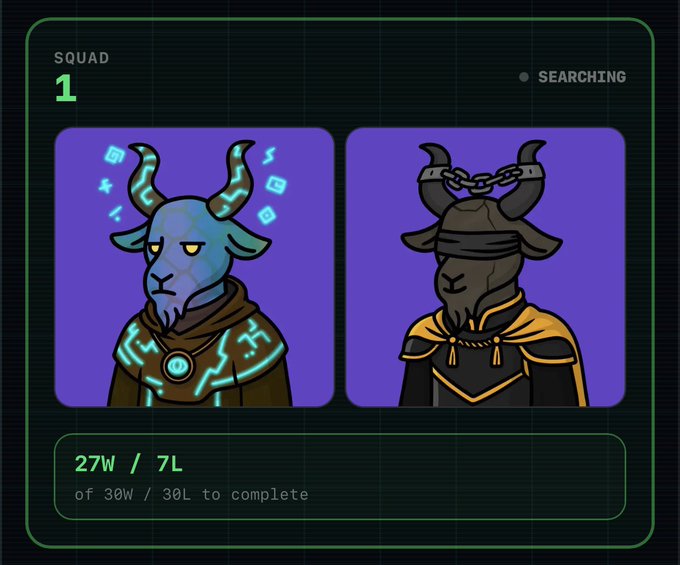 A gaming squad screen displaying 'SQUAD 1' and 'SEARCHING' status, featuring two purple-themed goat-like character avatars, with a record of 27W/7L out of 30W/30L needed to complete.