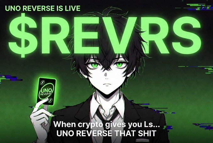 The image features a man with green eyes holding up a card that says "REVRS" written in white letters, which is related to the game Uno Reverses. The text also includes some humor about the game's rules, stating that when crypto gives you Ls., it's time for an Uno Reversal.